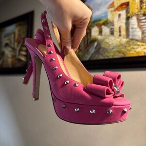 Gianni Bini Stud Hot Pink Stiletto Heels Pumps Peep Toe Bows 7